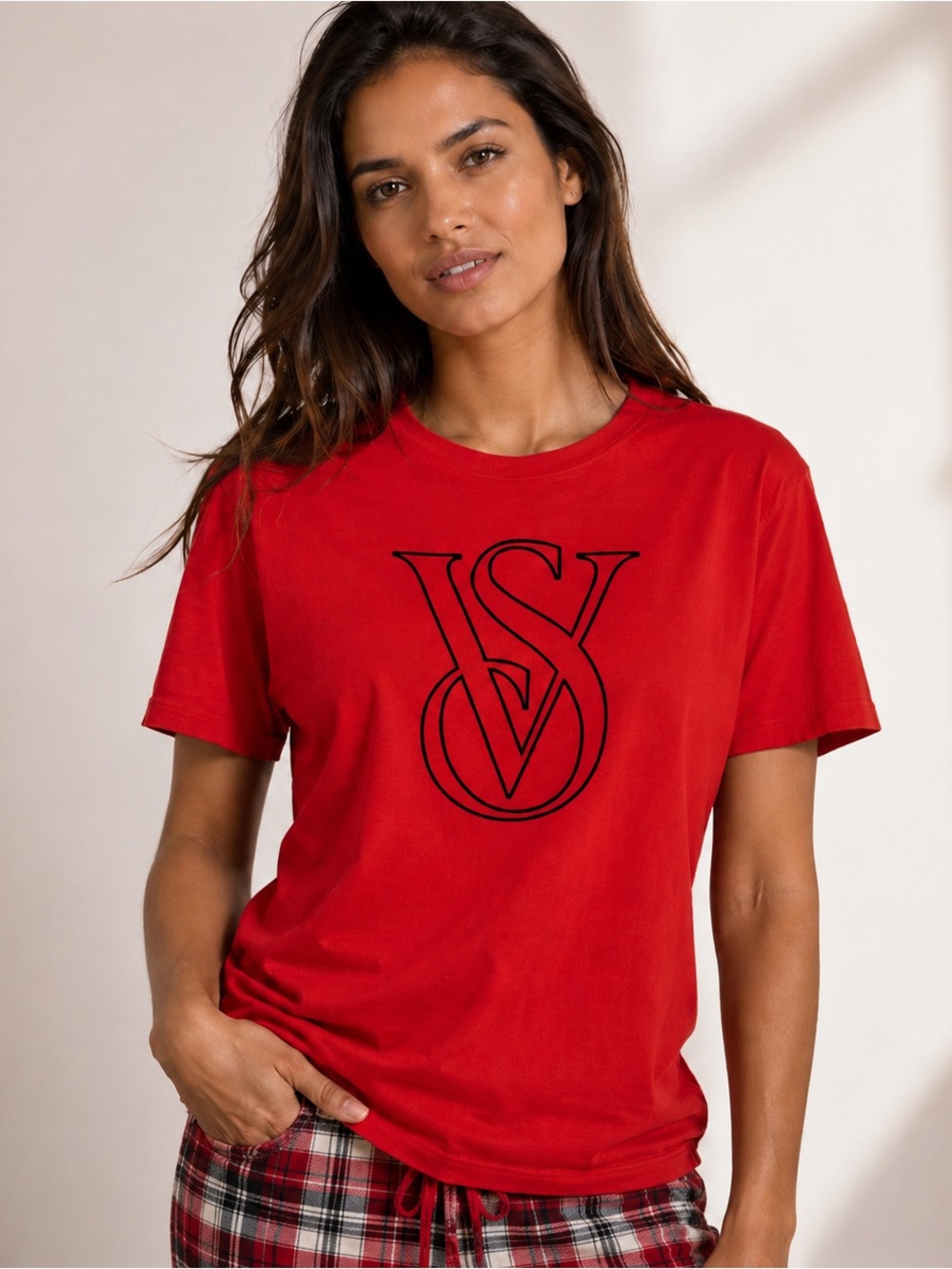 Victoria’s Secret Pajamas Top Womens M Red Black Flocked Velvet Logo 100% Cotton
